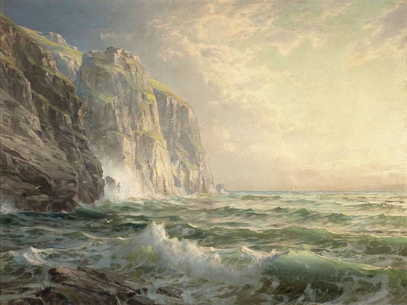 #艺术品 《Rocky Cliff with Stormy Sea, Cornwall》（1902）是美国画家威廉·特罗斯特·理查兹（William Trost Richards）创作的一幅风景画