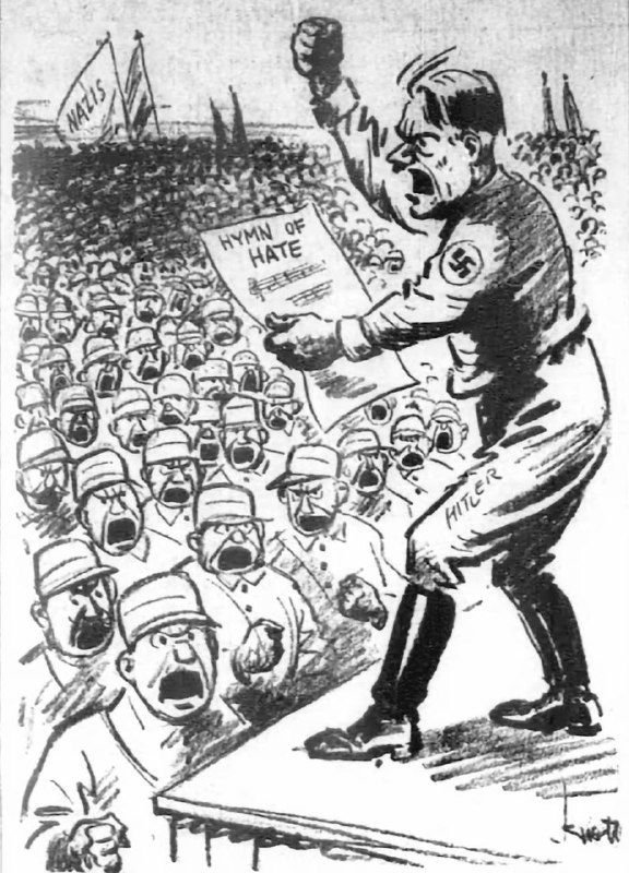 #海报 这是一张1933年的美国反纳粹漫画，画面中希特勒正带领群众高唱“仇恨圣歌”