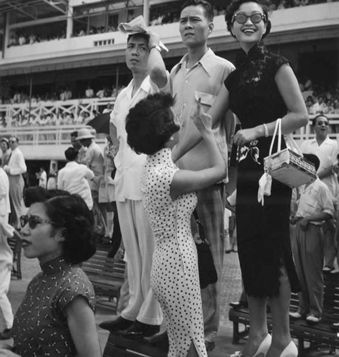 50-60年代的香港，穿着旗袍观赏赛马的女士