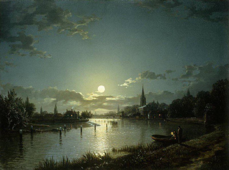 #艺术品 《泰晤士河上的马洛》（Marlow on Thames）是英国画家**亨利·佩瑟（Henry Pether）**创作的一幅月光风景画，展现了英国小镇马洛在夜色中的宁静景象