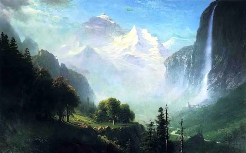 #艺术品《Staubbach Falls, Near Lauterbrunnen, Switzerland》(施陶巴赫瀑布，瑞士劳特布龙嫩附近)画家：阿尔伯特·比尔施塔特日期: 1856风格: 发光主义图片来源