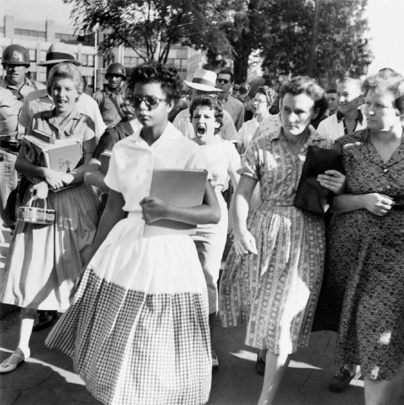 1957 年，伊丽莎白·埃克福德 (Elizabeth Eckford) 穿过一群充满仇恨的施虐者，走进小石城中央高中，这就是为废除学校种族隔离所付出的巨大努力的典型代表