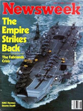 1982年4月19日，《新闻周刊》杂志的封面，描绘了英国特遣部队的旗舰HMS Hermes