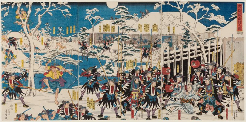 #艺术品：中申藏夜袭 (Chûshingura youchi no zu)艺术家：二代目歌川广日期：1847-52二代目歌川广（1826-1869）是日本浮世绘的第二位伟大的风景画大师——川广的主要弟子