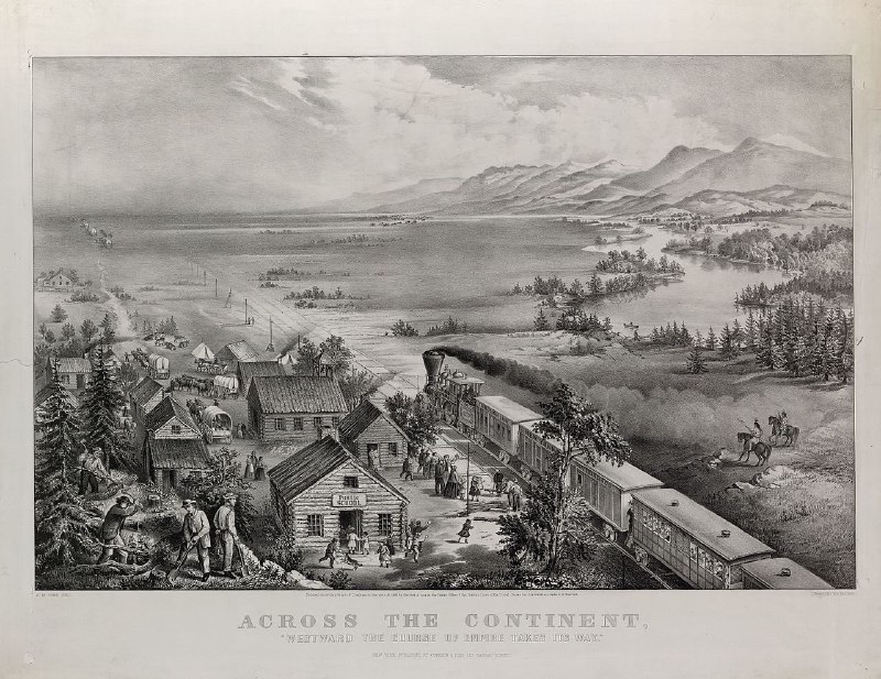 #艺术品 1868年的一幅平版版画《横跨大陆（Across The Continent）》描绘了白人移民向西扩张的过程