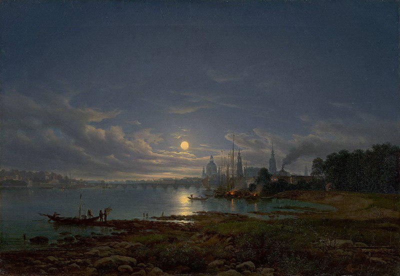 #艺术品 《德累斯顿月夜景色》（View of Dresden, Moonlight） 是德国画家 约翰·安东·卡斯特尔（Johann Anton Castell） 于 1846年创作的一幅风景画